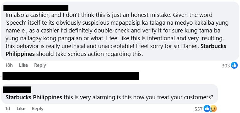 Screenshots from Facebook of comments on the viral Starbucks Festival Mall post